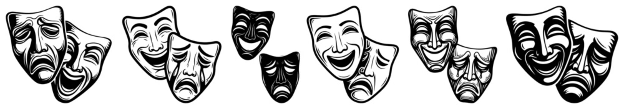 Collection of theatrical comedy and tragedy masks featuring happy and sad faces in vintage tattoo style vector illustration