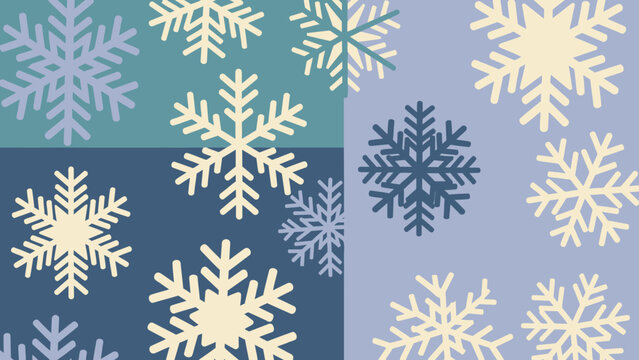 Snowflake patterns in various shades of blue and white, winter season.