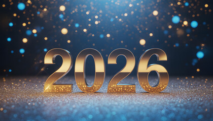 A luxurious New Year celebration scene featuring large 3D golden numbers 2026 standing on a sparkling glitter surface