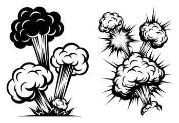 Comic book style explosion clouds and sharp blast effects black and white vector illustration set © Katarzyna