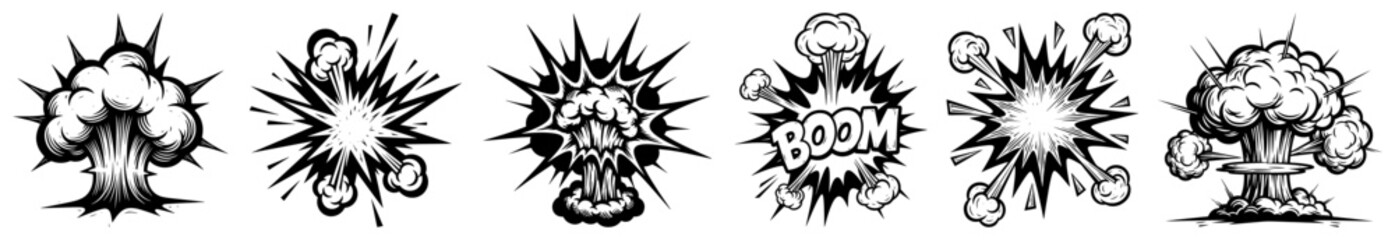Comic book boom explosion clouds vector illustration set featuring smoke puffs and nuclear mushroom shapes in black and white sketch style