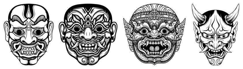 Set of traditional Asian demon masks including Japanese Oni and Thai Yaksha vector illustration for tattoo design