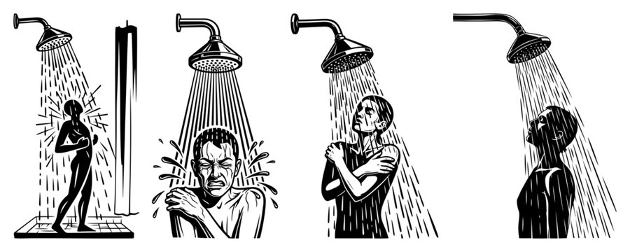 Man taking cold shower showing shock and shivering under water jet vector illustration in vintage engraving style