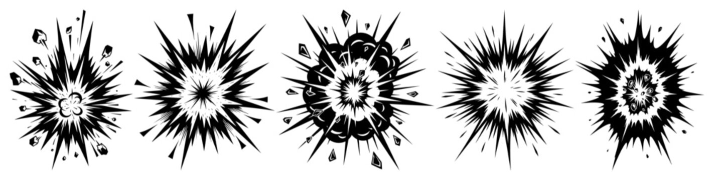 Comic book explosion and bang vector illustration set showing radial starbursts and action impact lines in monochrome silhouette style