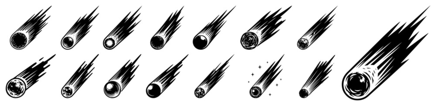 Falling meteor and comet vector illustration set featuring fireball silhouettes with speed trails in dynamic black and white style