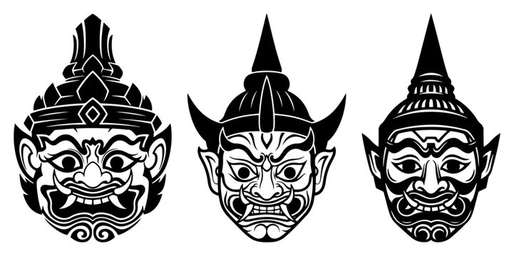 Traditional Thai giant demon Yaksha face masks set with ornamental headdress vector illustration