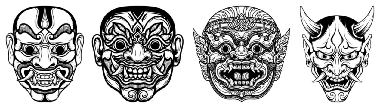 Set of traditional Asian demon masks including Japanese Oni and Thai Yaksha vector illustration for tattoo design