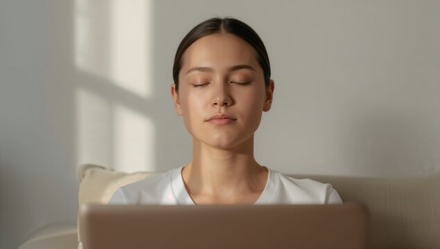 Sitting woman in white shirt resting on sofa at home with laptop, beige cushion, window shadows