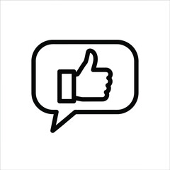 Thumbs up icon in a speech bubble, symbol for positive feedback, approval, and good communication online. 
