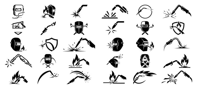 Welding industry icon set vector illustration featuring welder helmets torches and spark silhouettes in black and white style
