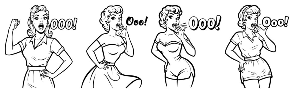 Set of retro pop art style women characters shouting Ooo with surprised facial expressions black and white vector line art