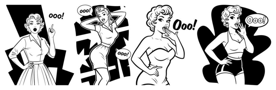 Retro pop art women vector illustration set featuring surprised housewives with ooo speech bubbles in black and white comic style