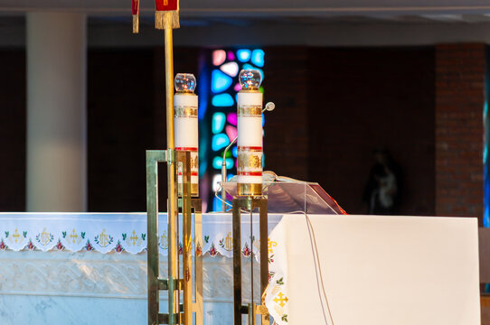 Catholic Church Altar With Candles Ambo And Lectern For Liturgy Worship Ceremony