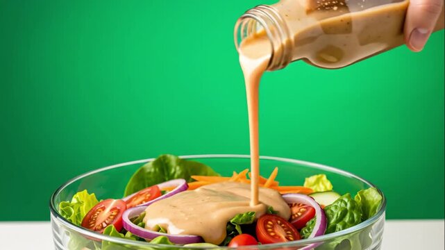 A hand pouring Roasted Sesame from an unlabeled transparent bottle into a glass bowl full of mixed vegetable salad