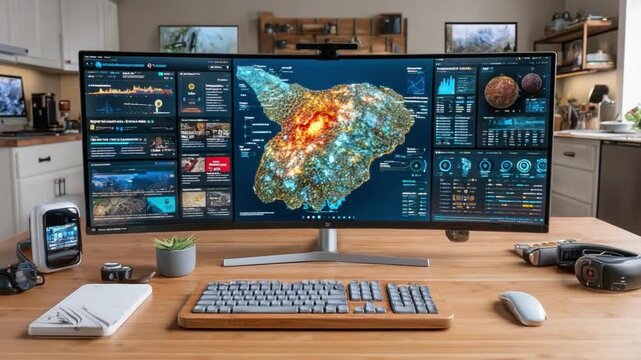 Workstation Setup: A meticulously arranged workstation showcases a large curved monitor displaying complex data visualizations, flanked by a keyboard, mouse, and other technological gadgets.