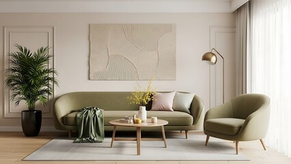 Fototapeta premium Modern Living Room Interior Design with Stylish Sofa, Coffee Table, and Minimalist Wall Art in Cozy Home Setting