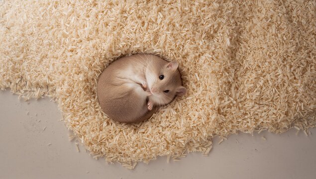 Curling light tan dwarf hamster sleeping in pale wood shavings on tabletop surface, scattered bits