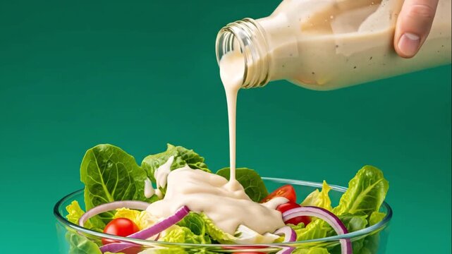 A hand pouring caesar sauce from an unlabeled transparent bottle into a glass bowl full of mixed vegetable salad