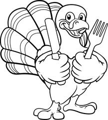 A turkey Thanksgiving cartoon bird Christmas mascot holding a knife and fork