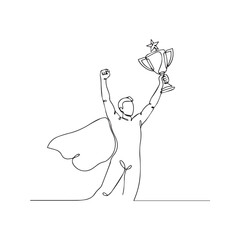 Continuous one line drawing of a winner celebrating with a trophy. Champion man holding prize, success and victory concept vector illustration.
