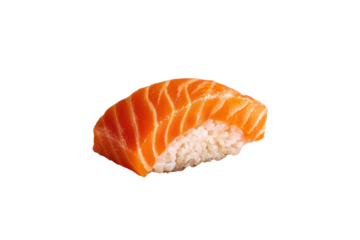 Single salmon nigiri sushi piece with white rice on black background food, Isolated On White Background, Png Transparent