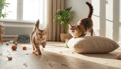 Playing two tabby cats walking toward camera in living room, with yarn balls, beige cushion, plant