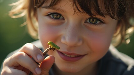 Peering boy wearing dark shirt holding twig with caterpillar by face in park, showing left hand