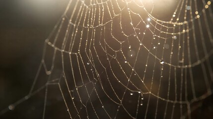 Shimmering backlit orb spider web catching warm morning light in garden, with dew droplets
