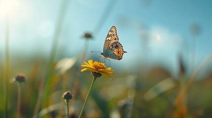 Perching butterfly with spotted wings settling on yellow daisy stem in meadow, soft bokeh