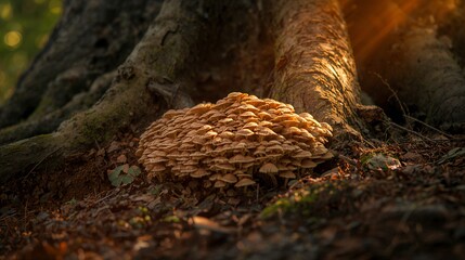 Catching warm sunbeam, dense cluster of brown mushrooms glowing at tree base among roots