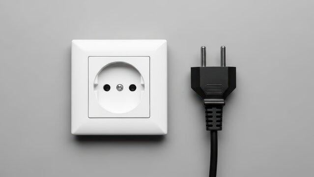 European power outlet and plug on gray background