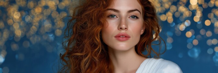 Beautiful young caucasian female with red hair posing against sparkling blue background
