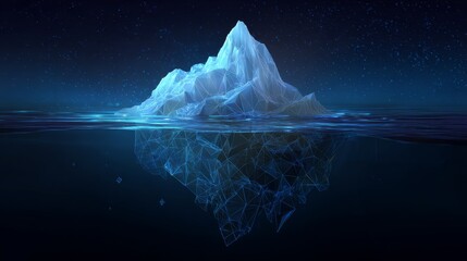 Abstract digital iceberg with visible underwater structure and mountain peak above ocean surface at night, futuristic low poly wireframe glacier in dark water, polygonal geometric technology concept b