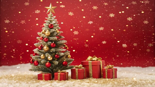Decorated christmas tree, gifts, falling snow, and bokeh on vibrant red bkg