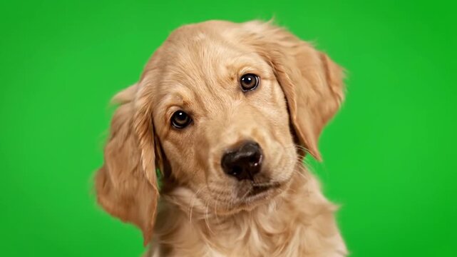 Friendly golden retriever puppy sitting and looking at camera with clean chroma key background for easy editing.