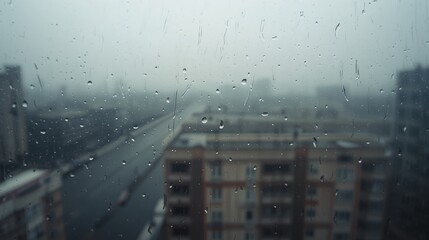 Framing raindrops streaking window glass from upper floor, with blurred apartment building and road