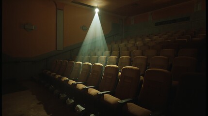 Illuminating central padded row showing armrests cupholders in dim theater, with projector beam