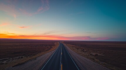 Stretching 2-lane highway leading to horizon under colorful sky, dashed yellow stripe and gravel
