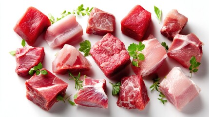 Assorted raw meat cuts with fresh herbs on white background