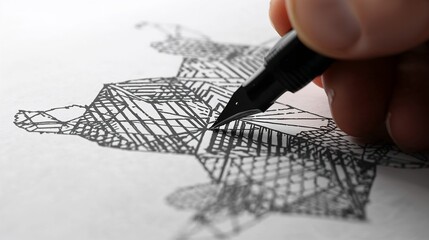 Drawing hand holding fountain pen nib creating geometric ink sketch on paper at desk, with hatching