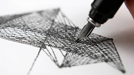 Drawing artist hand making dense crosshatched geometric form on tabletop paper with pen nib