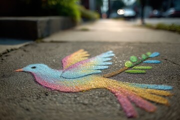 Dove of peace created in chalk on pavement with olive branch