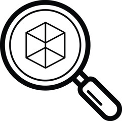 Magnifying glass over 3d cube icon representing search, analysis, and research for object discovery