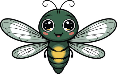 Adorable cartoon firefly with big eyes and glowing body over checkerboard transparent background