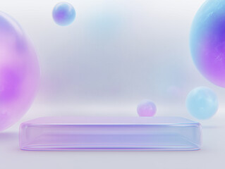 Semi-transparent glass podium levitating slightly above the ground, smooth reflections, soft ambient light, modern technology display scene.