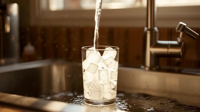 Clear drinking water being poured into a glass filled with ice cubes on a kitchen counter under warm light showing freshness and everyday hydration