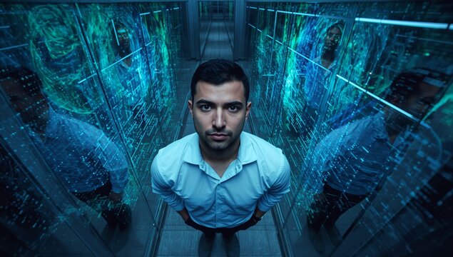 Standing tech in light blue shirt examining glass-fronted racks in narrow aisle, with data overlays - Powered by Adobe