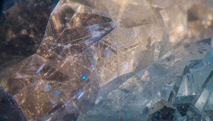 Showing clear faceted crystal cluster refracting blue gold light in macro studio, with specks