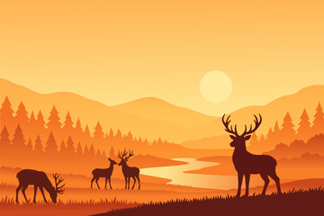 serene sunset forest landscape with deer silhouettes near winding river