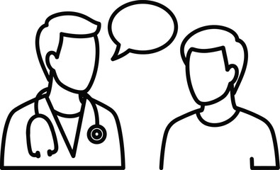 Doctor and patient communication icon showing a medical consultation with a speech bubble for dialogue or advice.